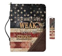 COEQINE Leather Bible Cover for Men American Flag Bible Case for Man for When I Am Weak Then I Am Strong Print Book Protector for Book Lovers Church Tote Handbag and Waterproof Bookmark