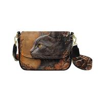 COEQINE Leather Crossbody Bags For Women Cat Purse Vintage Floral Pattern Messenger Bag for Women Lightweight Cute Shoulder Crossbody Purse