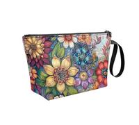 COEQINE Leather Makeup Bag for Purse Boho Floral Travel Toiletry Bag with Zipper Waterproof Soft Portable Cosmetic Bag Organizer with Handles for Office Home