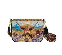 COEQINE Leather Purses For Women Travel Crossbody Handbag with Highland Cow Floral Print Boho Cross Body Shoulder Sling Tote Handbag with Guitar Strap Hands-Free