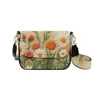 COEQINE Leather Shoulder Bag for Women Daisy Flower Print Crossbody Purses with Widw Strap and Sling Tote Clutch Handbag with Back Zipper Pocket for Travel