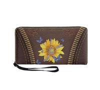 COEQINE Leather Sunflower Ladies Wallet Women Cute Butterfly Print Moneybag Box with Clutch Wristlet Wrist Strap Large Capacity Business Card Holder Case for Shopping