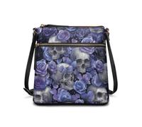 COEQINE Leather Tote Bag For School Bucket Bag Leather Shoulder Bag Skull Rose Purple Print Unique For School And Night Out
