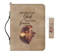 COEQINE Lion Bible Covers for Men Leather, The Word of Our God Will Stand, Western Bible Case with Handles Waterproof Bookmark Book Protector for Book Lovers Tote Church Handbag Size XL