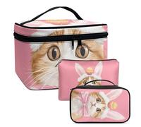 COEQINE Makeup 3 Pieces Large Capacity Travel Cosmetic Bag with Easter Rabbit Eggs Kawaii Cats Pink Packing Cubes Makeup Organizer with Compartment Portable Waterproof Leather Coin Purse