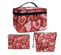 COEQINE Makeup Bag Set 3 Red Valaentine Heart Large Capacity Cosmetic Case for Ladies Travel Portable Leather Wateproof Travel Waterproof Toiletry Bag Accessories Organizer Gifts