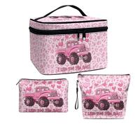 COEQINE Makeup Bag Set of 3 Pink Leopard Large Cosmetic Case with Handles Portable Truck Cosmetic Organizer Case Waterproof Travel Toiletry Bag Skincare Pouch with Golden Zipper