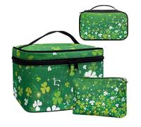 COEQINE Makeup Sponge Travel Case Green St. Patrick's Day Party Green Leaves Travel Toiletry Bag for Women 3 Pieces Set Double Layer Makeup Brush Bag and Waterproof Coin Purse