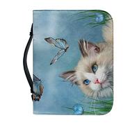 COEQINE Muppet Cat Print Leather Bible Cover, Waterproof Cut Cat Butterfly Print Church Bag Book Case Bag for Women Size M