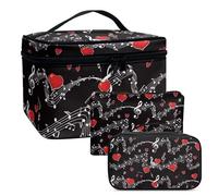 COEQINE Music Travel Makeup Bag Set - 3 PCS Black Heart Makeup Bag with Double Layer Cosmetic Case Aesthetic Make Up Cosmetic Bag and Waterproof Soft Handbag Coin Purse