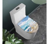 COEQINE Navy Blue Toilet Seat Lid Cover Set,Sea Beach Print Toilet Seat Lid Cover Oval Elongated Dortable With Elastic Edge Print