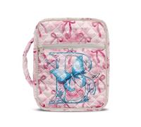 COEQINE Personalized Initial Pink Butterfly Bible Cover Case for Women Quilted Tote Bag Large Bible Book Carrier Handbags for Soft Cover Books Washable Cotton Cloth Book Protector,27x21x5.5 cm