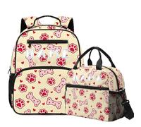 COEQINE Personalized Kids Mini Backpack for Girls Age 8-10 with Lunch Box Elementary Dog Paw Beige Cute Book Bag For Girls 6-8 with Snacks Pocket School Bookbag Set