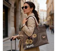 COEQINE Personalized Tote Bags for Women with Name Customized Large Tote Bag Leather Carry On Handbags Shoulder Hobo Bucket Laptop Backpack,Brown Horse Sunflower Custom Name