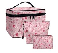 COEQINE Pink Axolotl Floral Cosmetic Bag Set of 3 Pieces Women Travel Makeup Bag with Handles Large Capacity Leather Toiletry Storage Bag with Mini Leather Wallet