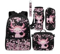 COEQINE Pink Backpack With Lunch Box Axolotl Pink Cherry Blossom Kawaii Matching With Attachable Lunchbox for Kids 4-6-8-12 Middle-School Book Bag For Teen With Laptop Compartment Large Pencil Case