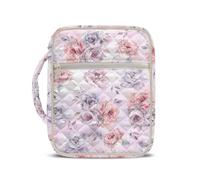 COEQINE Pink Bible Carrier Case for Women Quilted Tote Bag Large Floral Book Covers for Paperbacks Adjustable Book Sleeve Cover Soft Cloth Protector for Novels,27x21x5.5 cm