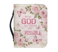 COEQINE Pink Bible Covers for Women Leather Book Protector for Book Lovers Butterfly Rose Bible Holder Bag with Zipper,with God All Things are Possible, L-2XL