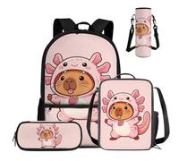 COEQINE Pink Capybara Axolotl Costume Printed 4 Piece Kids Backpack Set with Lunch Box Pencil Case Kids Backpack for Girls 8-10 and Water Bottle Cover for Teens Elementary School Laptop Backpacks