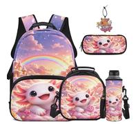 COEQINE Pink Rainbow Axolotl Print School Backpack for Girls 5pcs Girls Backpacks with Lunch Box and Pencil Case Keychain Water Bottle Holder for Kids Teens Elementary Middle School Student Bookbag