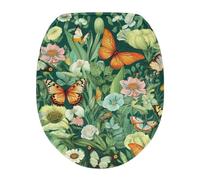 COEQINE Plush Bathroom Elongated Toilet Seat Cover Soft Plush Cover with Elastic Bottom for Women Men Green Butterfly Floral Fashion Modern Style Portable Home Decoration Accessories