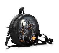 COEQINE PU Leather Round Crossbody Bag Tote Bag with Adjustable Shoulder Bag Cute Cat Purse for Women Girls Travel Halloween Holiday Decor