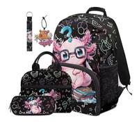 COEQINE Purple Axolotl Backpack with Lunchbox Set 5 In 1 Kids School Backpacks With Laptop Compartment Large Pencil Case Durable 44cm Bookbag for Girls Elementary Middle-School Laptop Rucksack