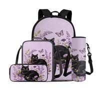 COEQINE Purple Butterfly Backpack 4Pcs Set, Black Cat Bookbag with Lunch Box Pencil Case Water Bottle Holder, School Bag for Elementary Middle School Kids Age 10-12 Back to School Supplies