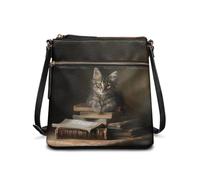 COEQINE Purses For Women Leather Tote Bag For School Bucket Bag Leather Shoulder Bag Cat Book Vintage Art Classic For School And Study Use