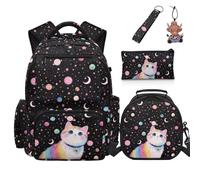COEQINE Rainbow Cat Girls Backpack With Lunch Box Set Kindergarten Elementary-Middle-School Backpacks for Kids 5-6 Girls With Black Space Pencil Case and Keychains For Bookbag Travel Rucksack 5 Piece