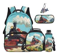 COEQINE School Backpack for Kids 6-14 Car Vintage Steam Train Backpack for School with Water Bottle Pocket Lunch Box Pencil Case Keychains School Bag Set for Kids Toddlers Boys for Elementary