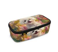 COEQINE Secondary School Pencil Case for Kids Girls Cute Maltese Puppy Pink Lotus Floral Print Primary School & Nursery Pen Box with Zipper