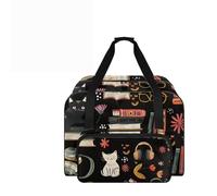COEQINE Sewing Machine Storage Case Lightweight Travel Tote with Black Colorful Cat Books Pattern Durable Canvas for DIY Craft Storage