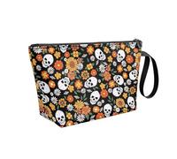 COEQINE Skull Travel Makeup Bag for Women Boho Floral Leather Makeup Case Toiletry Bag Wristlet Portable Cosmetic Bag Case with Zipper for Dead Day Party Holiday Vacation