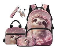 COEQINE Sloth School Backpack for Girls with Lunch Box Set 5 Piece Ligthweight Elementary School Bags For Girls 6-12 Pink Floral Large Pencil Case Dog Keychain For Bookbag for Travel Hiking
