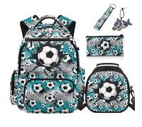 COEQINE Soccer Bookbag for Kids Boys Backpack With Lunch Box Set 1ST Grade Kids School Backpacks Set with Water Bottle Pocket Pencil Pouch Keychain Laptop Rucksack for Travel Sport Lover Gifts 5 Piece