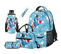 COEQINE Space Rocket Toddler Backpack for Boys 4-12 with Lunchbox with Strap Blue Kids School Bag Set for 1ST Grade Matching with Water Bottle Holder Pencil Bag and Keychain for Elementary Bookbag