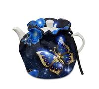 COEQINE Tea Cozy With Blue Gold Butterfly Floral Pattern Large Capacity Tea Cosy Kitchen Home Decora Dustproof Cover Keep Warm for Breasket Heat Warmer Terapot