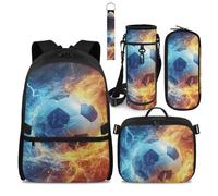 COEQINE Teen Backpack With Attachable Lunch Box Kids Boys Cool Flame Soccer Large Pencil Case Pouch Set for Kids Bookbag For Middle-School with Water Bottle Sleeve for Casual Travel Daypack 4 Pcs
