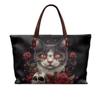 COEQINE Tote Purse for Women Leather Black Cat Floral Skull Gothic Purses Shoulder Hobo Bucket Handbag Top Handle with Zipper Gift for Mom, Teacher, Sister