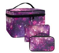 COEQINE Valentine One Travel Case Purple Galaxy Makeup Bag Set 3 Pack Lovely Heart Cosmetic Bag with Double Layer Makeup Bag Cotton Travel Cosmetic Bag Leather Mini Coin Purse Wallet