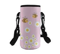 COEQINE Water Bottle Carrier Insulated Water bottle Sling Holder Bag,Print Daisy Bees Pink,Adjustable Shoulder Strap, for Stainless Steel/Glass/Plastic Bottles