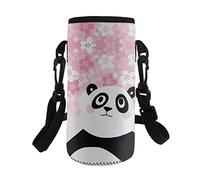 COEQINE Water Bottle Carrier Print Pink Flowers Cute Panda Insulated Neoprene Adjustable Shoulder Strap for Adult Kids Hiking,Sling Bottle Bag Case