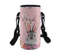 COEQINE Water Bottle Holder Print Floral Rabbit Pink,for Girls Women Outdoor Hiking Travel School Water Bottle Carrier Bag,Adjustable Shoulder Strap