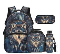 COEQINE Wolf Backpack for Boys Girls Cool Blue Dreamcatcher Print 5 Pcs Kids Bookbag School Bag with Lunchbox Students Back Pack with Sloth Keychain Pencil Case for Preschool Elementary Kindergarten