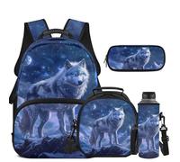 COEQINE Wolf Galaxy Backpack for Girls with Water Bottle Sleeve Set 5 Pcs School Bag Kids Boy Age 6-7 Years 17 Inch Cool Bookbag for 8-16 with Lunch Box Pencil Case for Elementary Middle High School