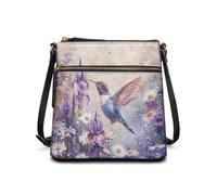 COEQINE Womens Crossbody Purses For Women Leather Tote Bag For School Bucket Bag Leather Shoulder Bag Hummingbird Floral Purple Art Elegant For School And Office