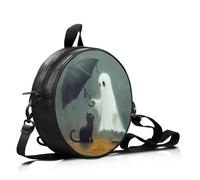COEQINE Women's Round Shape Crossbody Handbag Shoulder Bag PU Leather Purse Tote Bag Adjustable Strap Messanger Bag Ghost Cat