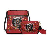 COEQINE Womens Small Dressy Purses And Handbags Set 2 Pcs Cute Dachshund Dog Xmas Lights Printed Leather Crossbody Bags For Women Medium Size ŵIth Pockets Anti Theft Large Hobo Bucket with Strap