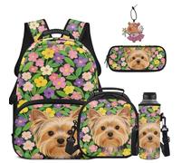 COEQINE Yorkshire Dog Colorful Floral Kids School Backpack Padded Shoulder Straps for 4-12 with Lunchbox Keychain Pencil Case Keychain Bookbag Travel Ruckpack for Elementary School
